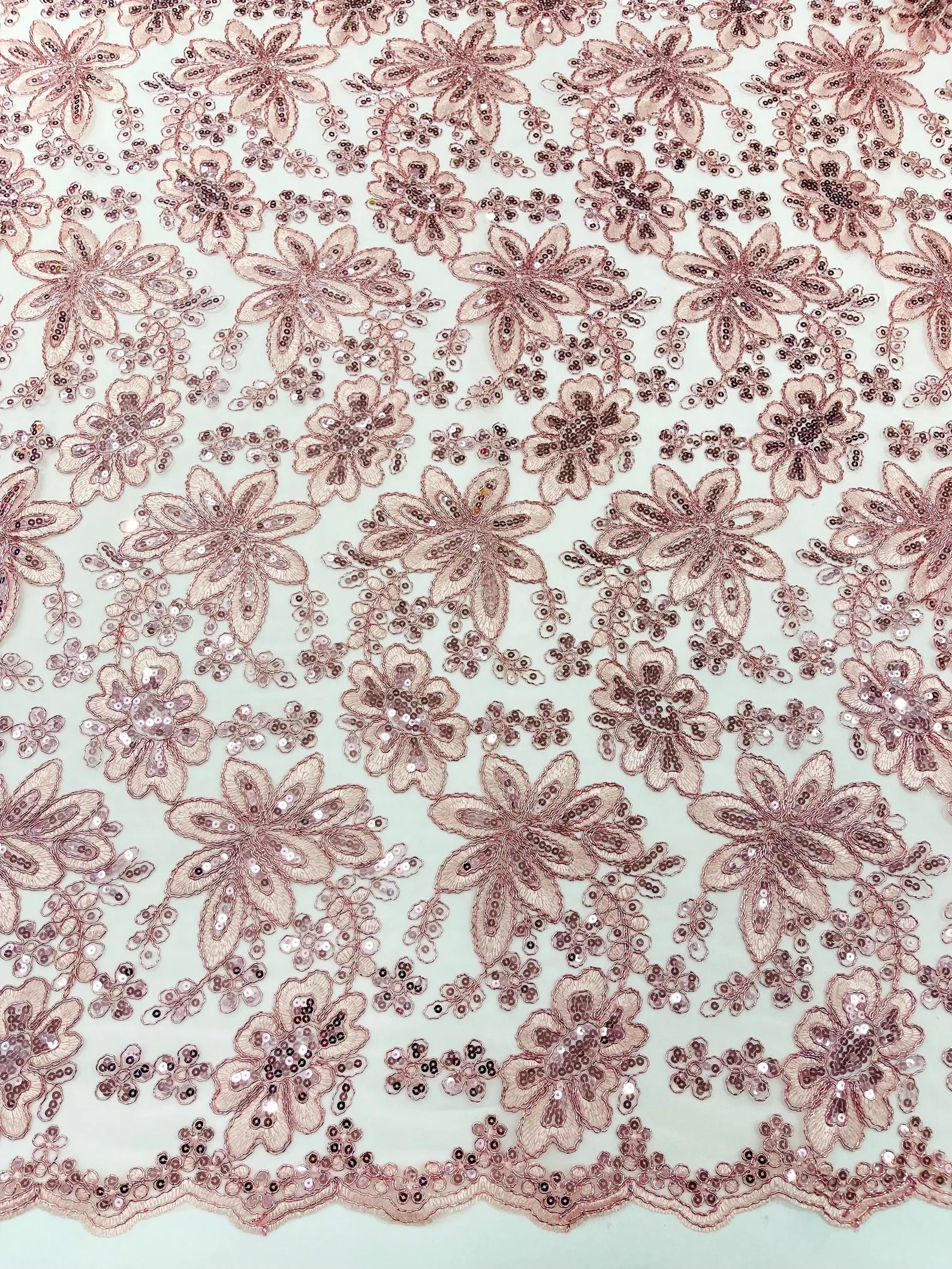 Floral Embroidery Damask Design With Sequins On A Mesh Lace Fabric By Yard. Pink