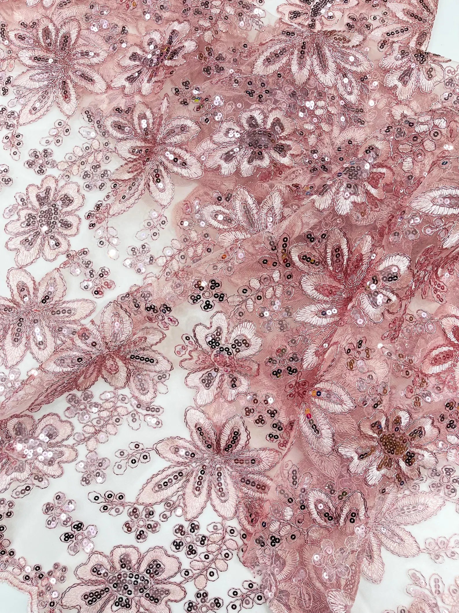 Floral Embroidery Damask Design With Sequins On A Mesh Lace Fabric By Yard. Pink