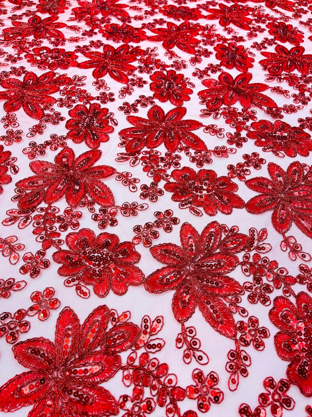 Floral Embroidery Damask Design With Sequins On A Mesh Lace Fabric By Yard. Red