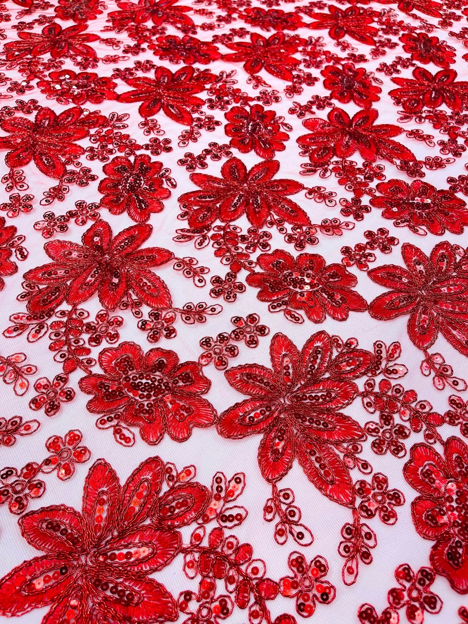 Floral Embroidery Damask Design With Sequins On A Mesh Lace Fabric By Yard. Red