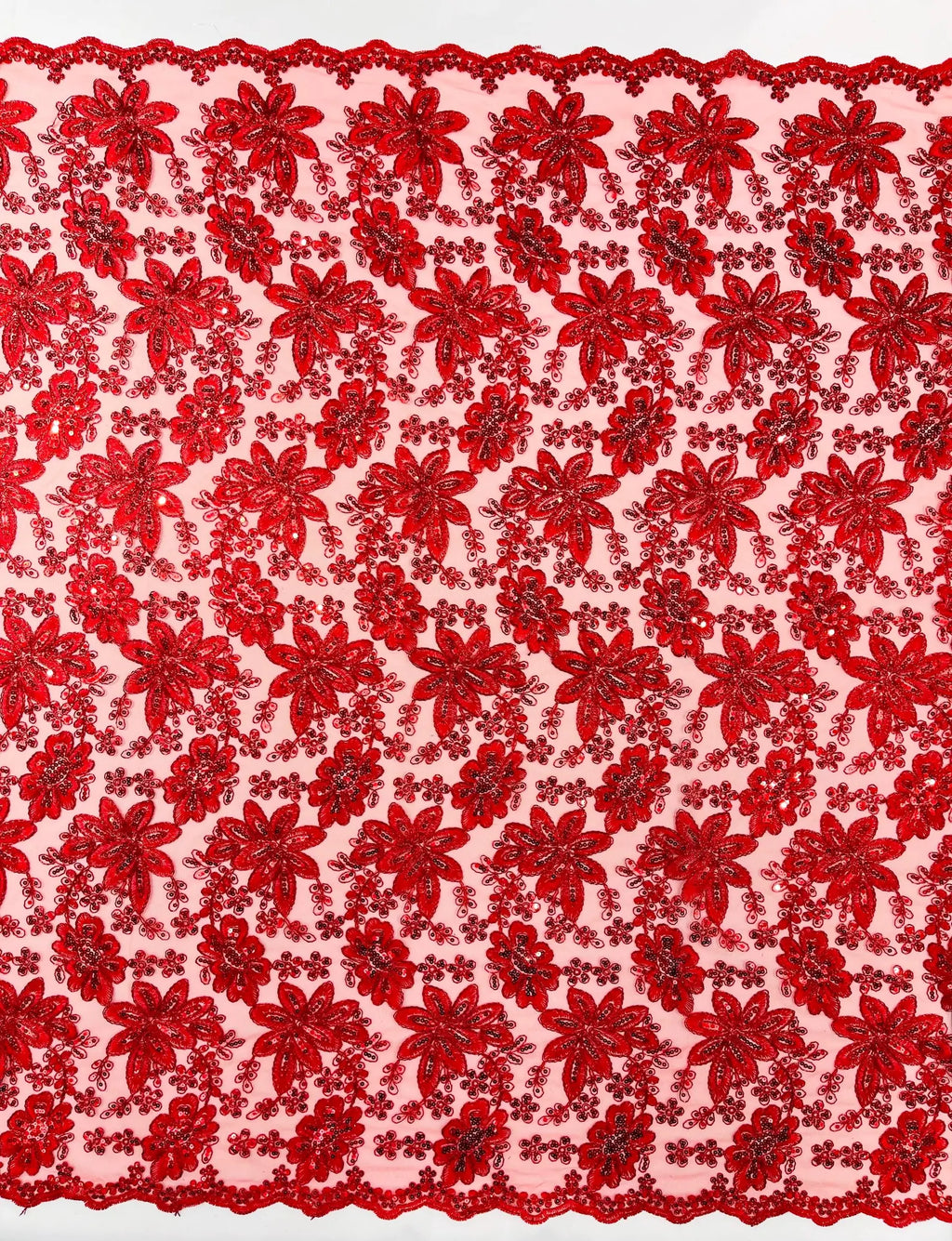 Floral Embroidery Damask Design With Sequins On A Mesh Lace Fabric By Yard. Red