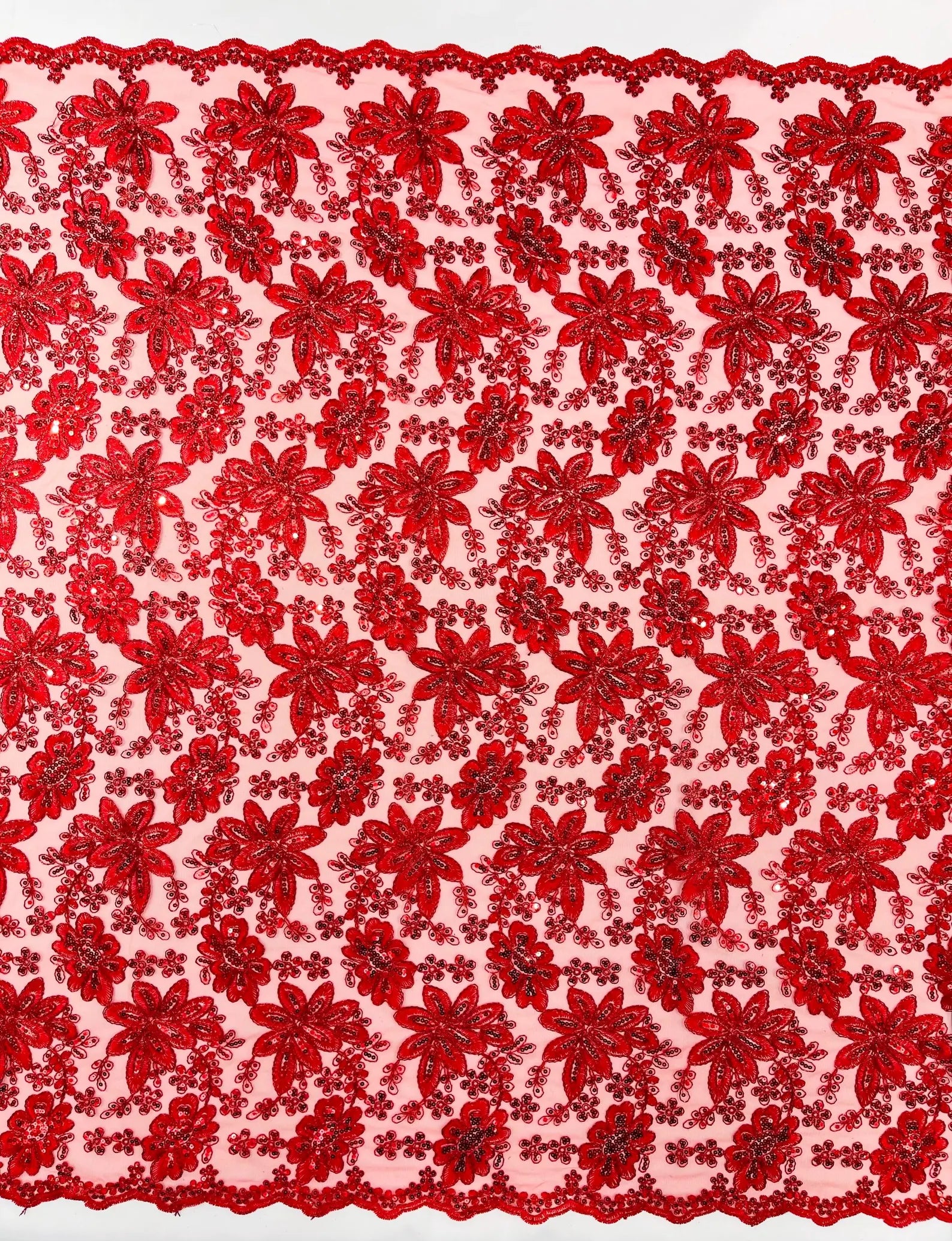 Floral Embroidery Damask Design With Sequins On A Mesh Lace Fabric By Yard. Red