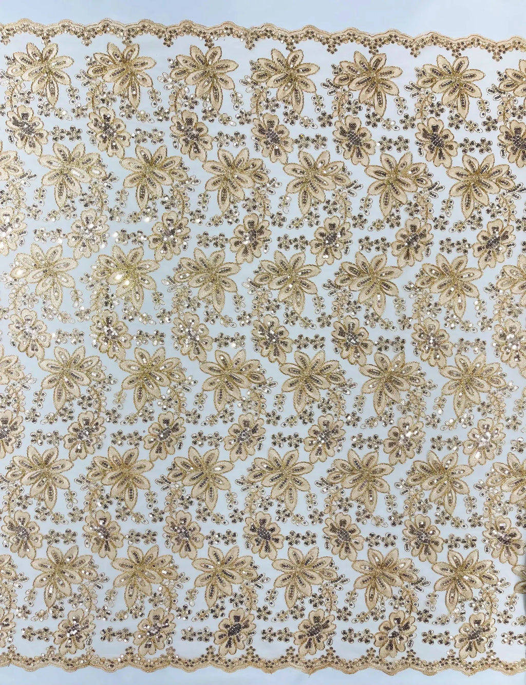 Floral Embroidery Damask Design With Sequins On A Mesh Lace Fabric By Yard. Rose Gold