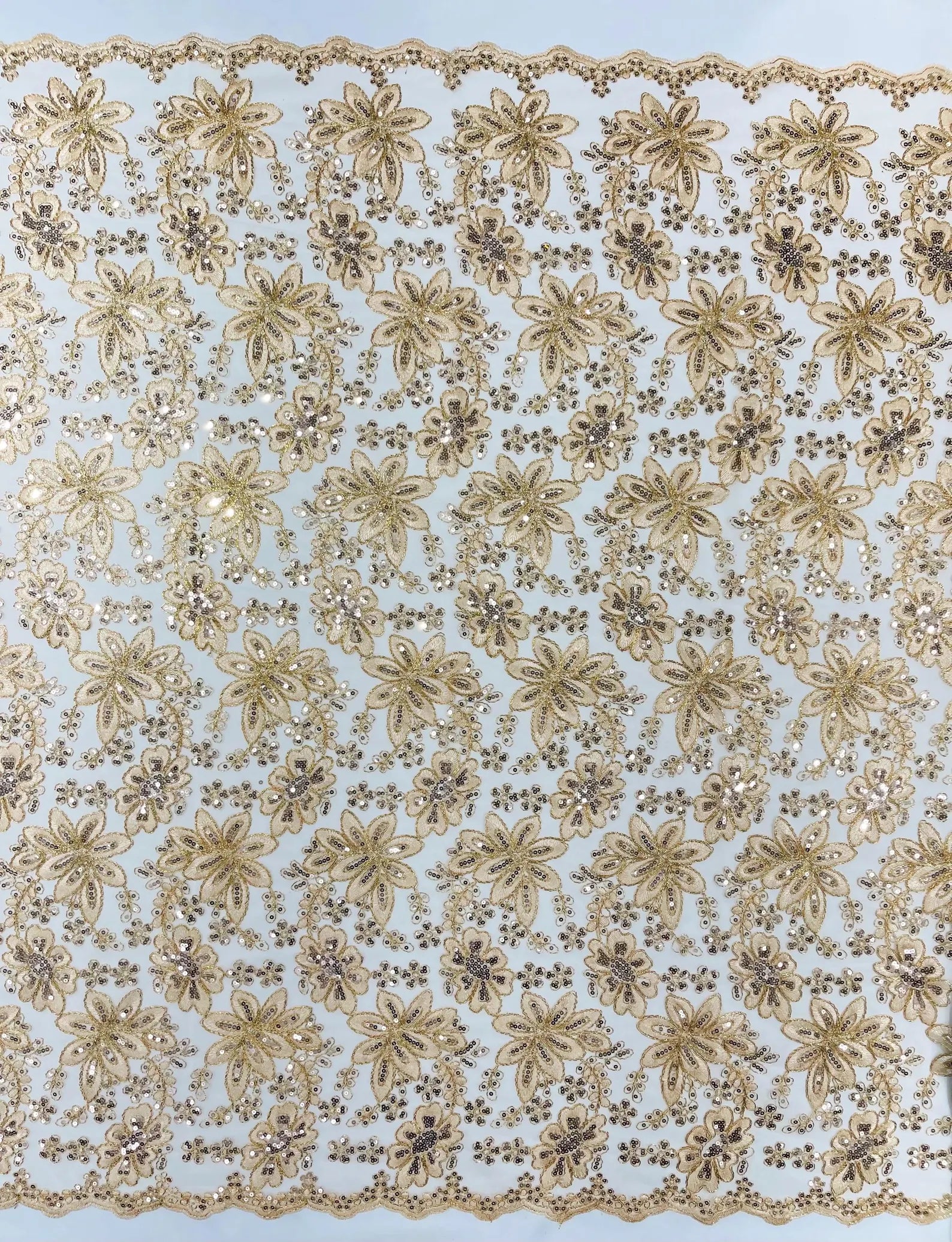 Floral Embroidery Damask Design With Sequins On A Mesh Lace Fabric By Yard. Rose Gold
