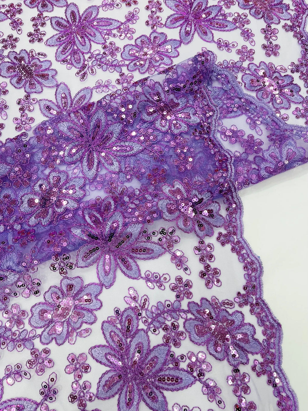 Floral Embroidery Damask Design With Sequins On A Mesh Lace Fabric By Yard. Lavender