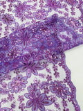 Floral Embroidery Damask Design With Sequins On A Mesh Lace Fabric By Yard. Lavender