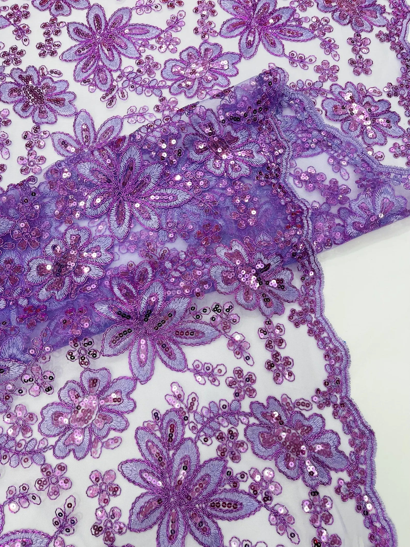 Floral Embroidery Damask Design With Sequins On A Mesh Lace Fabric By Yard. Lavender