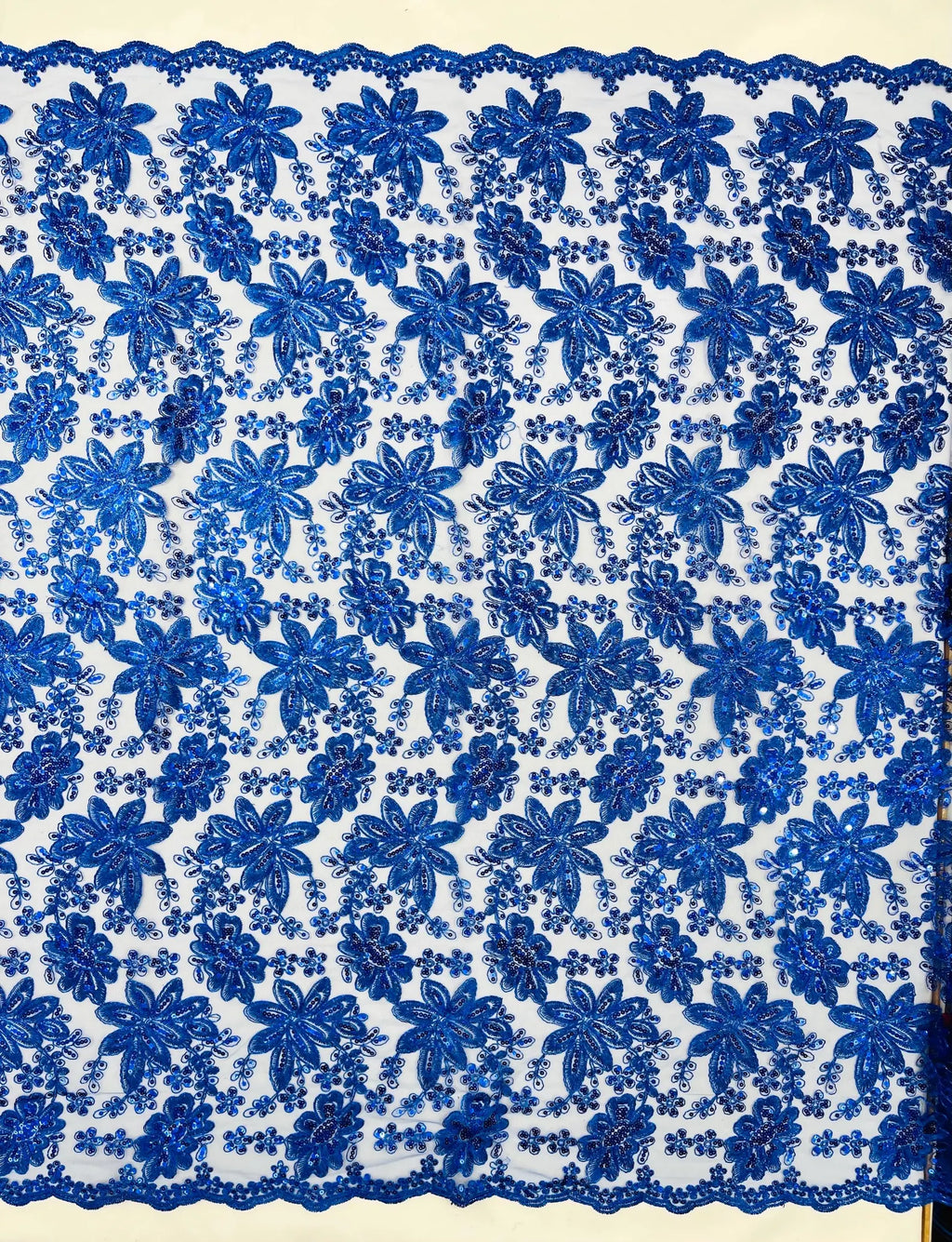 Floral Embroidery Damask Design With Sequins On A Mesh Lace Fabric By Yard. Royal Blue