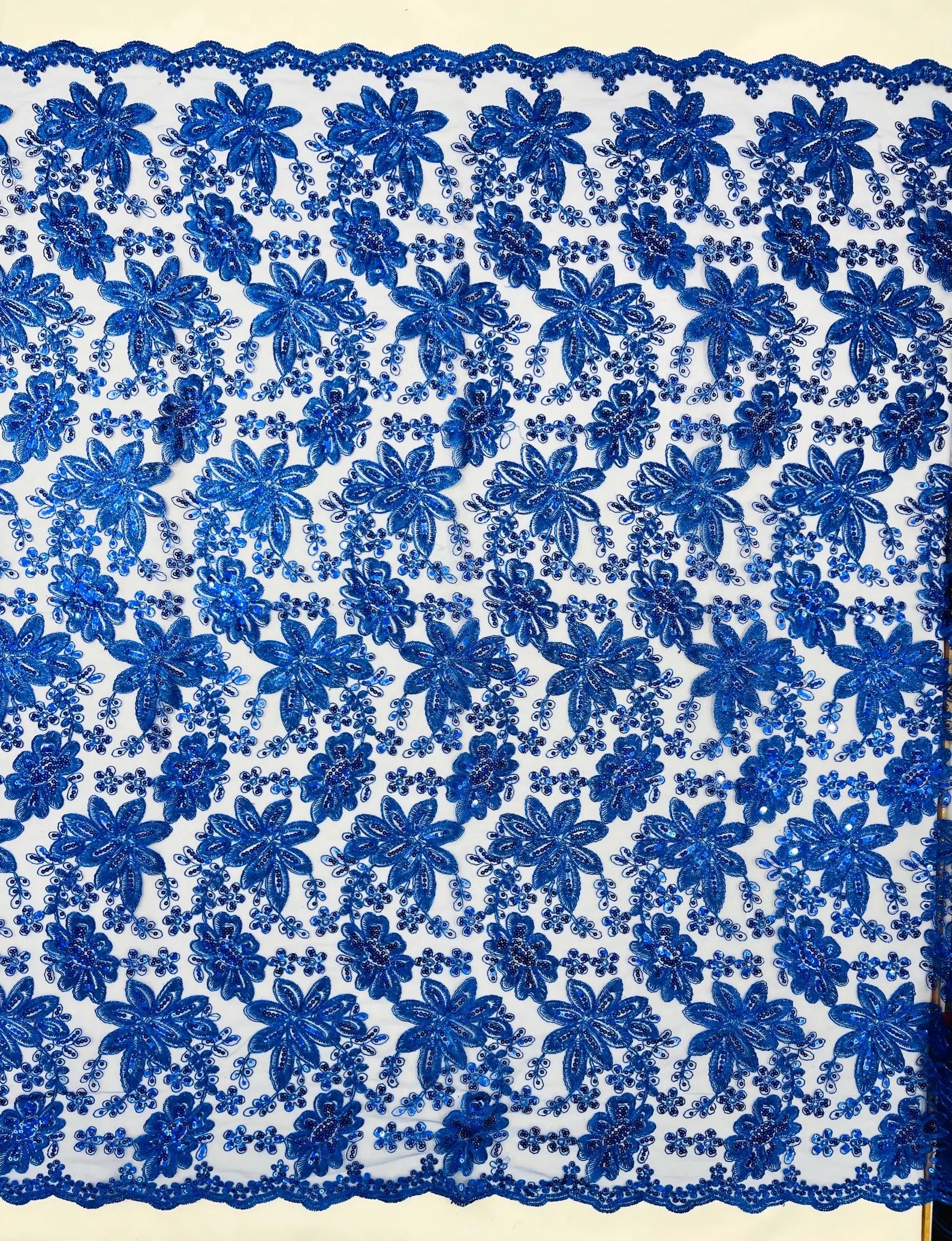 Floral Embroidery Damask Design With Sequins On A Mesh Lace Fabric By Yard. Royal Blue