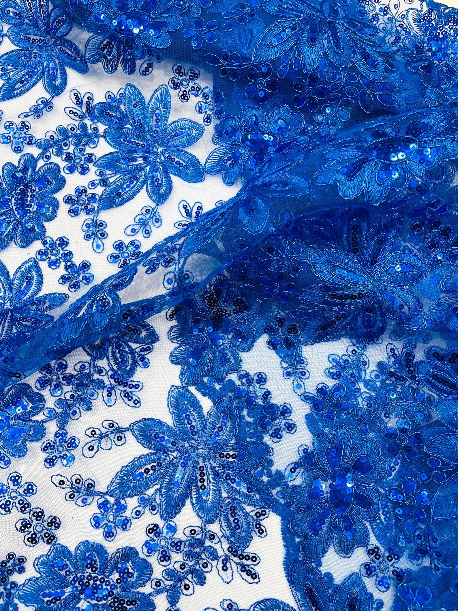 Floral Embroidery Damask Design With Sequins On A Mesh Lace Fabric By Yard. Royal Blue
