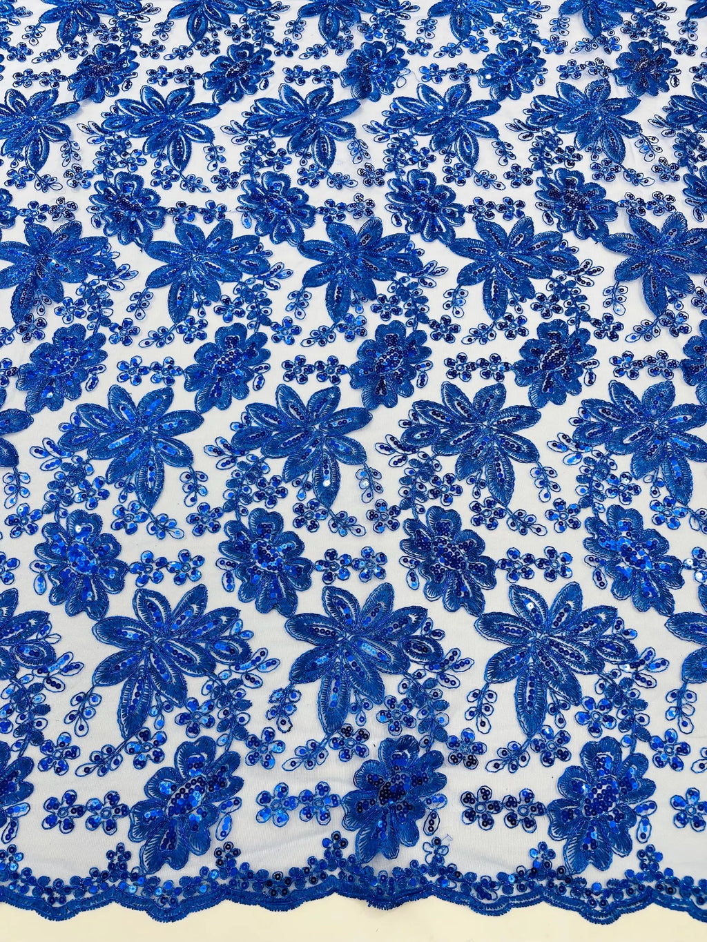 Floral Embroidery Damask Design With Sequins On A Mesh Lace Fabric By Yard. Royal Blue