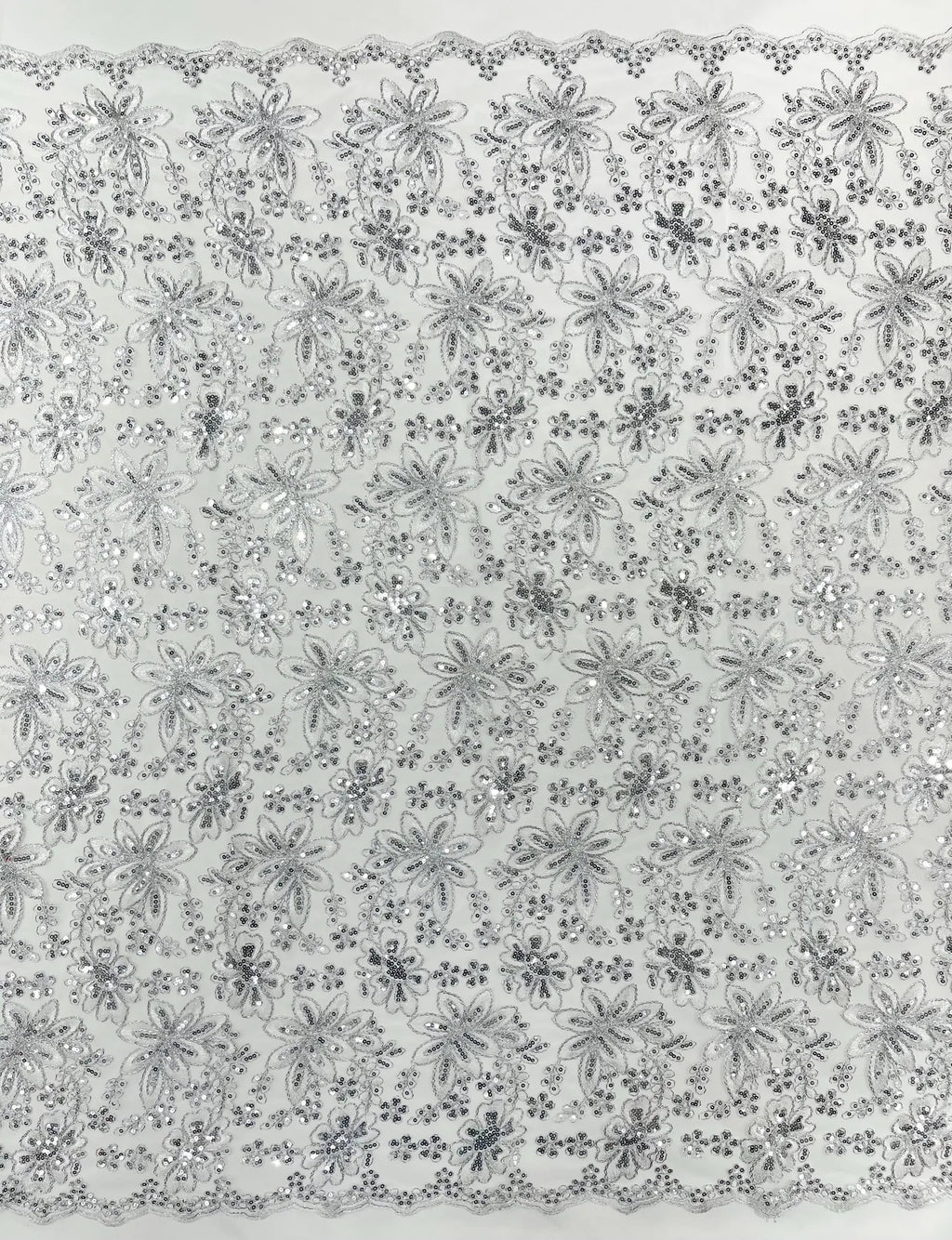 Floral Embroidery Damask Design With Sequins On A Mesh Lace Fabric By Yard. White/Silver