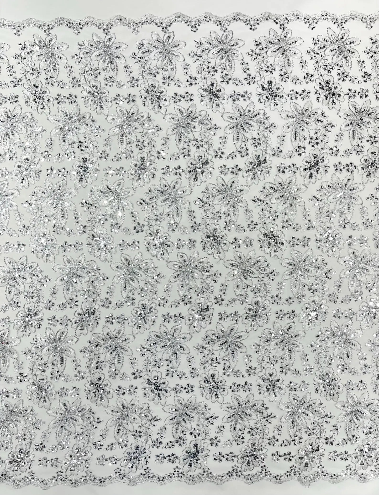 Floral Embroidery Damask Design With Sequins On A Mesh Lace Fabric By Yard. White/Silver