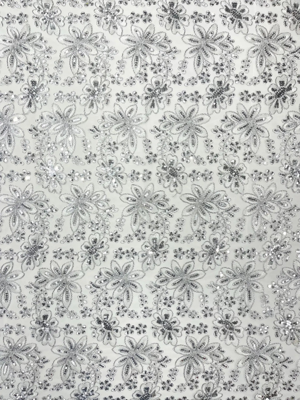 Floral Embroidery Damask Design With Sequins On A Mesh Lace Fabric By Yard. White/Silver
