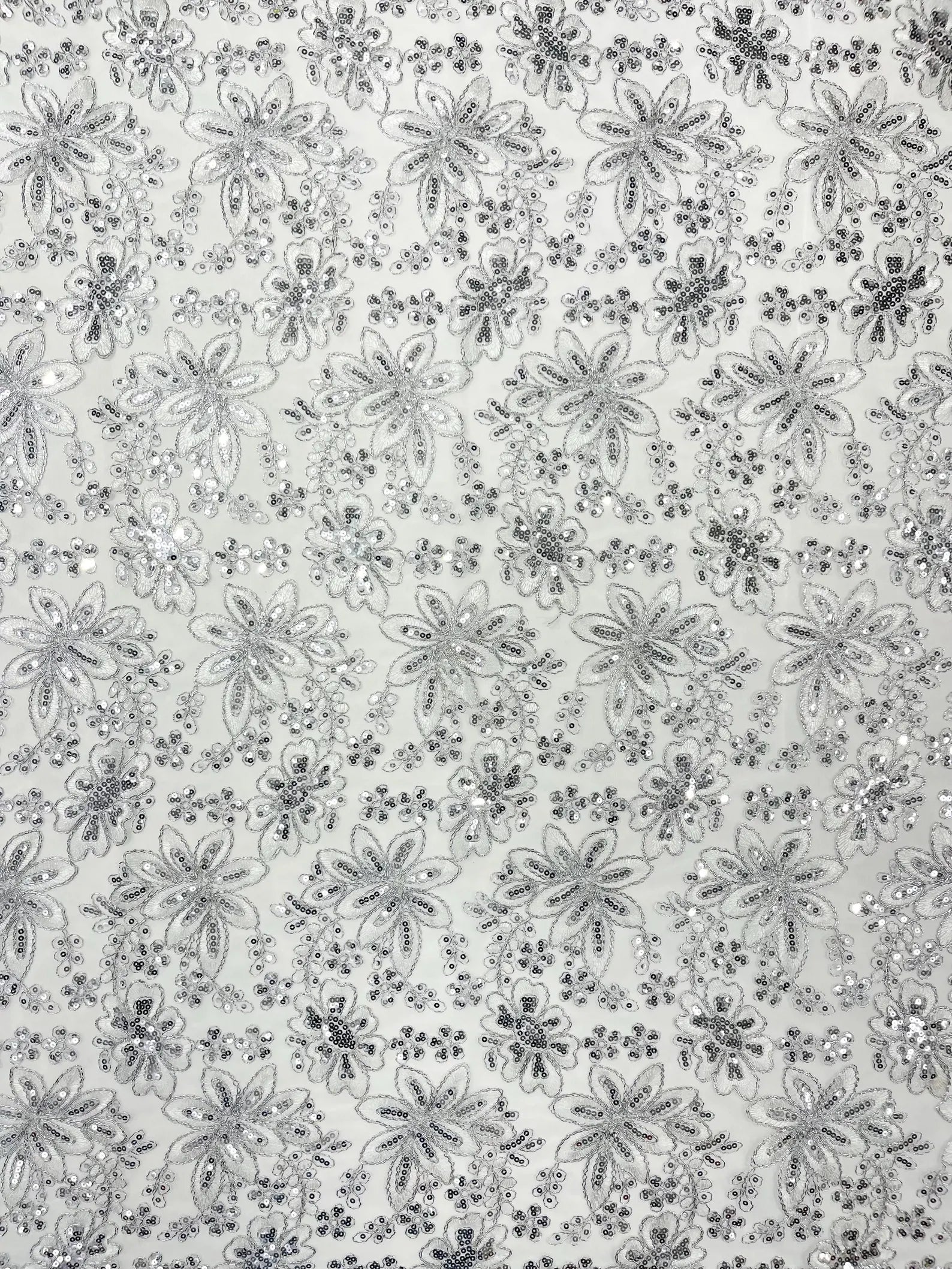 Floral Embroidery Damask Design With Sequins On A Mesh Lace Fabric By Yard. White/Silver