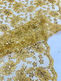 Floral Embroidery Damask Design With Sequins On A Mesh Lace Fabric By Yard. Gold