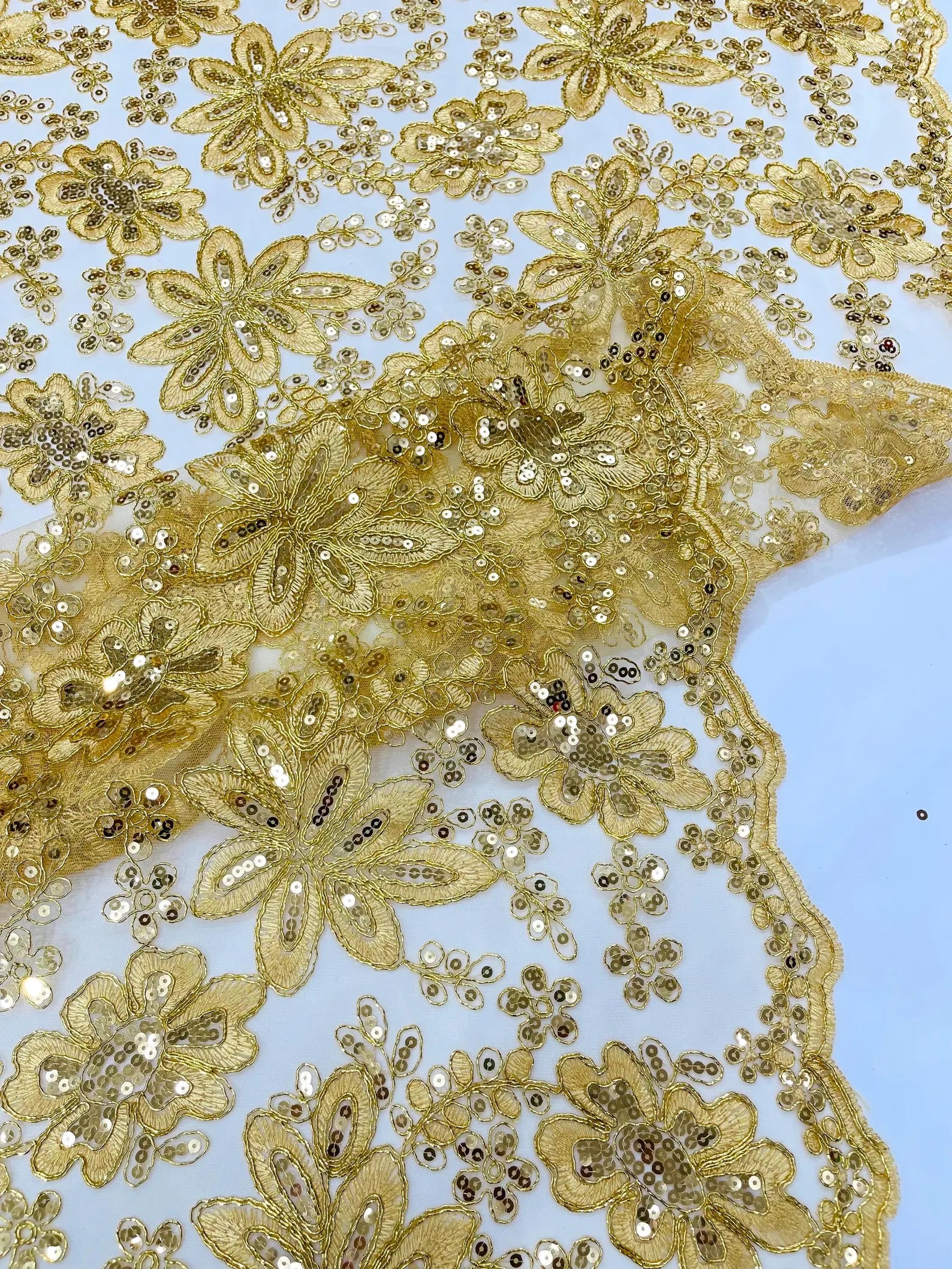 Floral Embroidery Damask Design With Sequins On A Mesh Lace Fabric By Yard. Gold