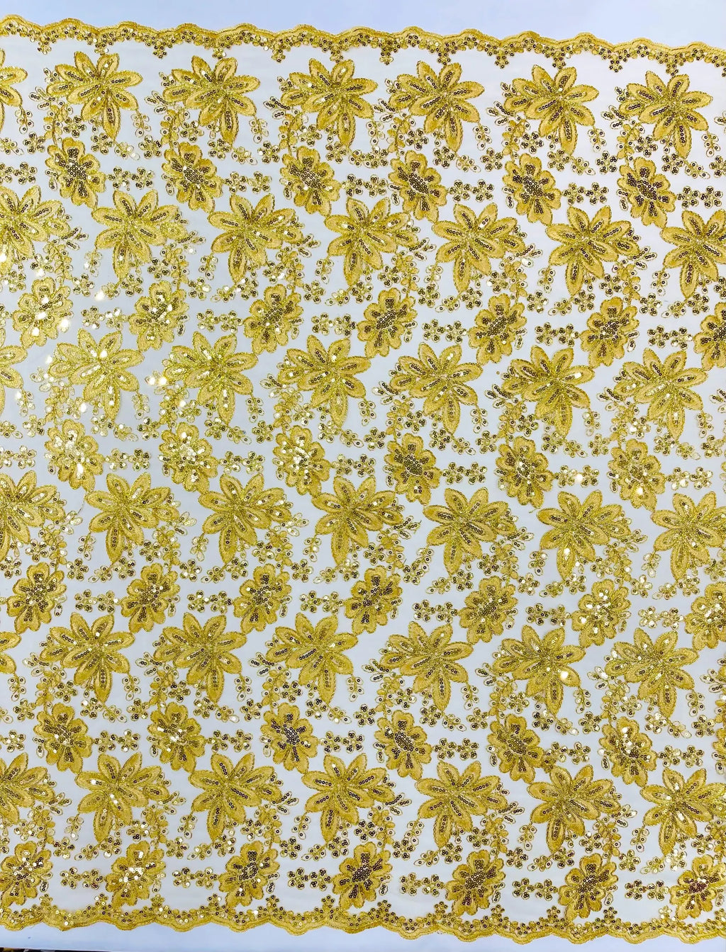 Floral Embroidery Damask Design With Sequins On A Mesh Lace Fabric By Yard. Gold