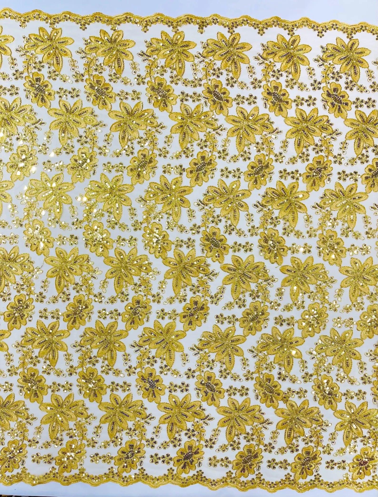 Floral Embroidery Damask Design With Sequins On A Mesh Lace Fabric By Yard. Gold