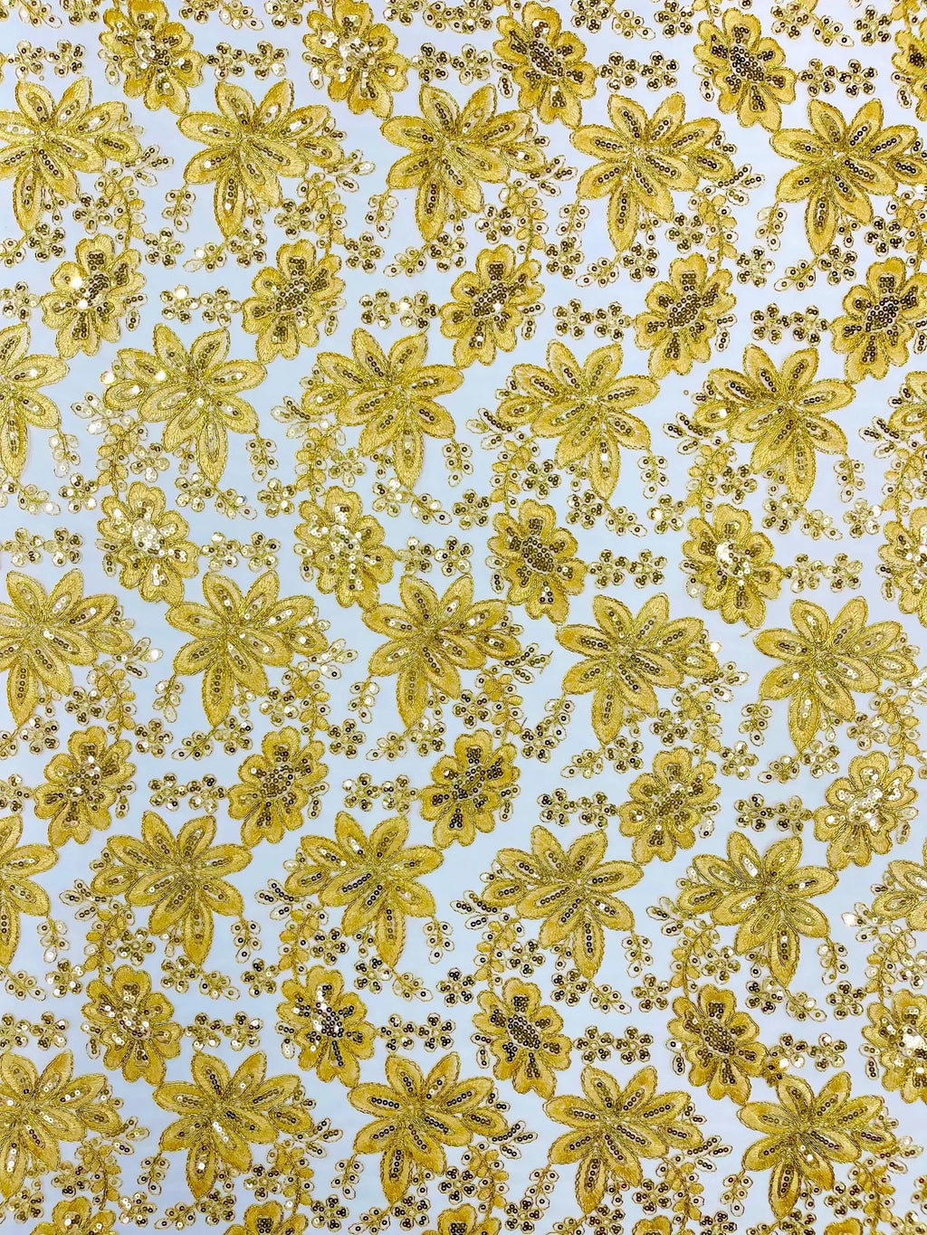Floral Embroidery Damask Design With Sequins On A Mesh Lace Fabric By Yard. Gold
