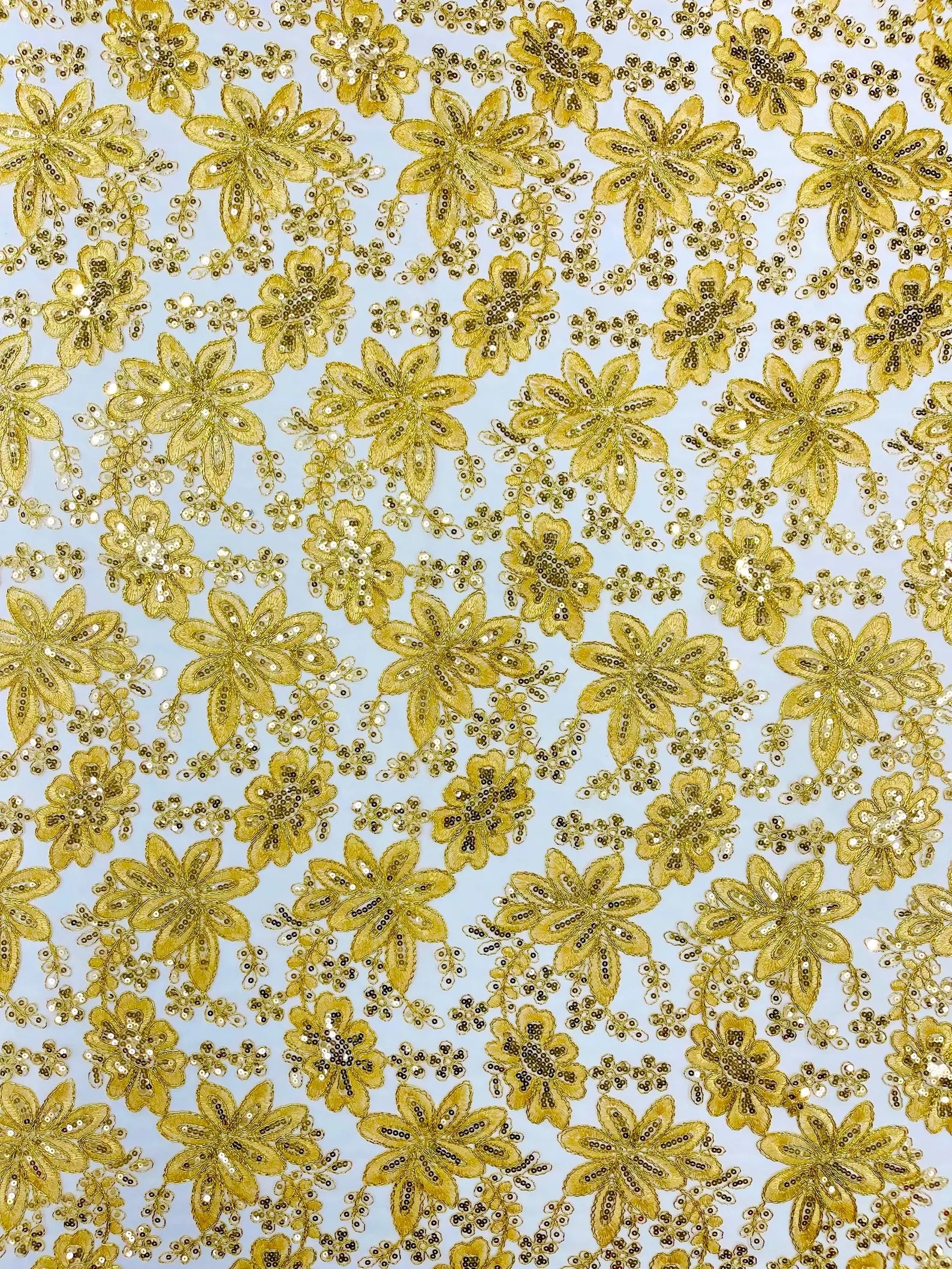 Floral Embroidery Damask Design With Sequins On A Mesh Lace Fabric By Yard. Gold