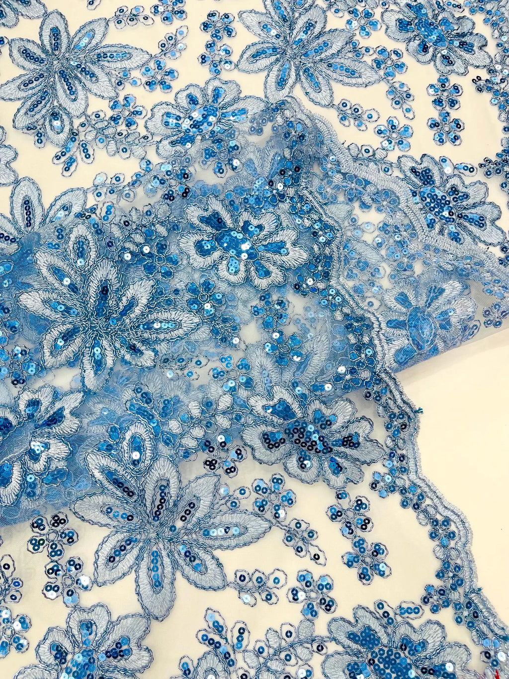 Floral Embroidery Damask Design With Sequins On A Mesh Lace Fabric By Yard. Lt Blue