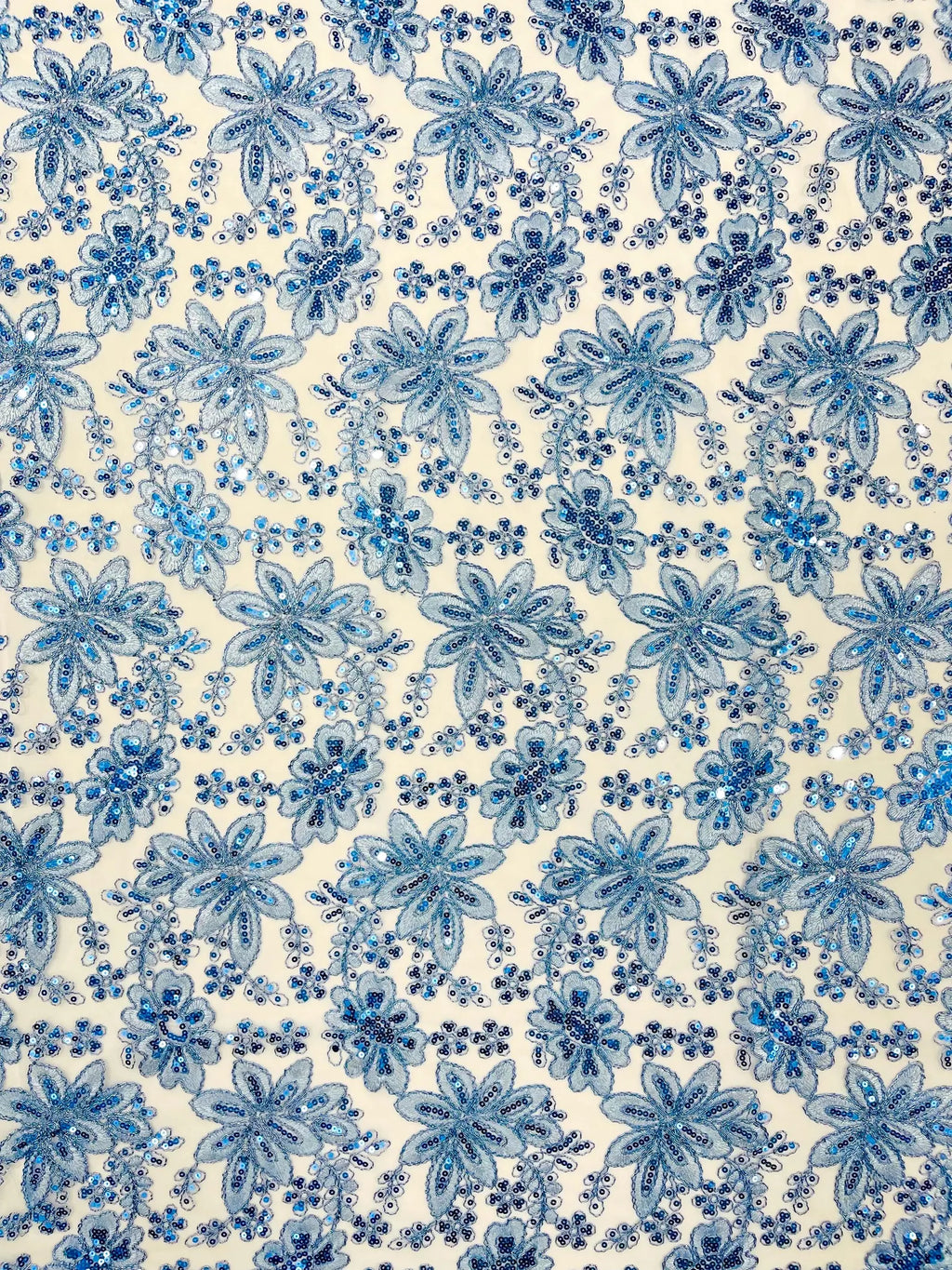 Floral Embroidery Damask Design With Sequins On A Mesh Lace Fabric By Yard. Lt Blue