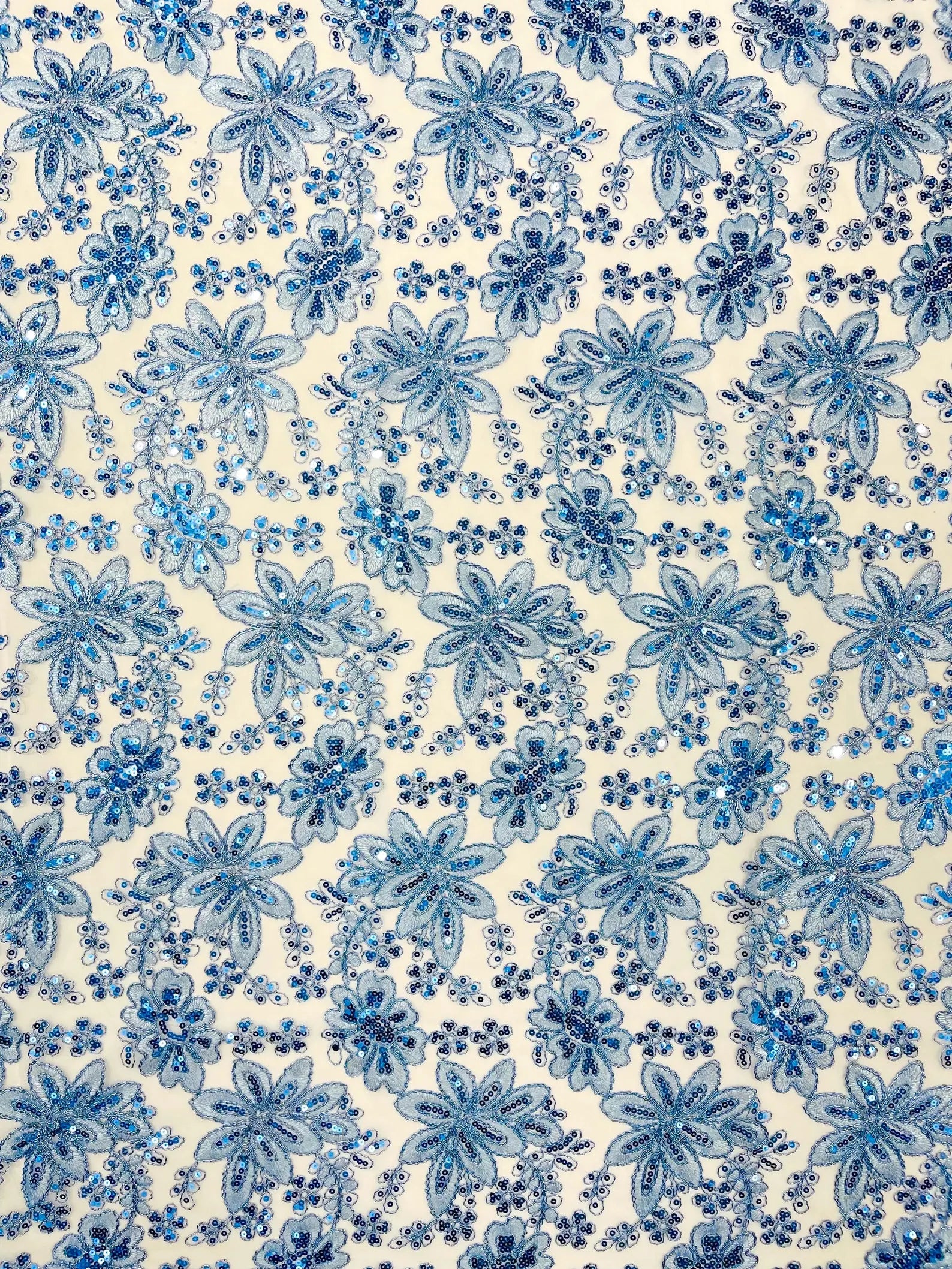 Floral Embroidery Damask Design With Sequins On A Mesh Lace Fabric By Yard. Lt Blue