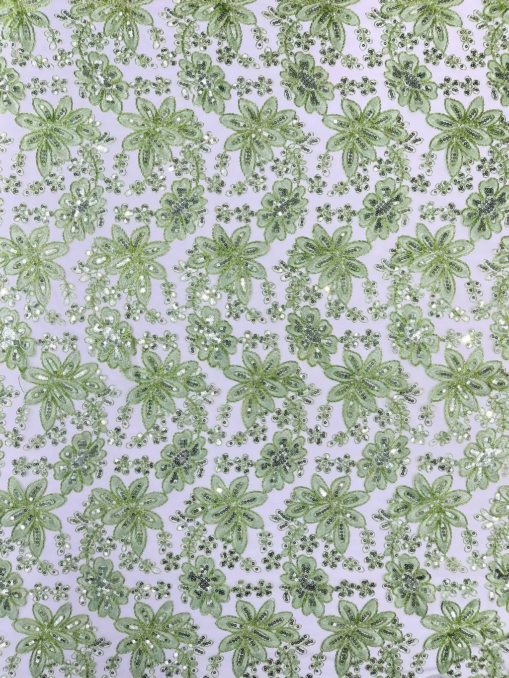 Floral Embroidery Damask Design With Sequins On A Mesh Lace Fabric By Yard. Sage