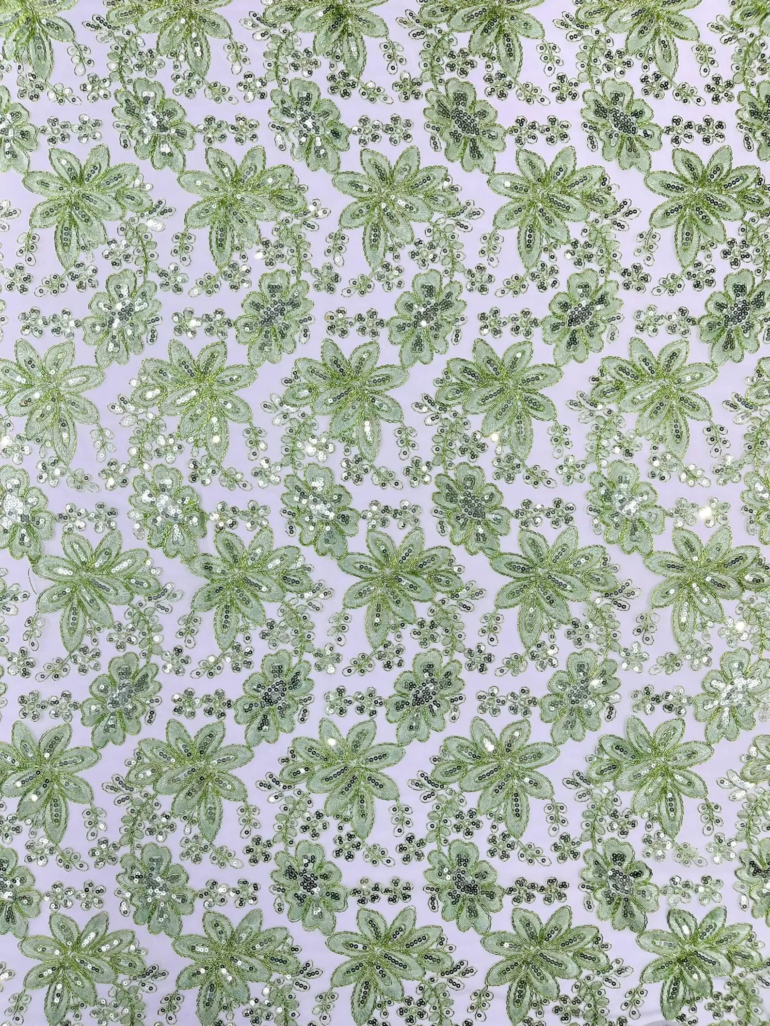 Floral Embroidery Damask Design With Sequins On A Mesh Lace Fabric By Yard. Sage