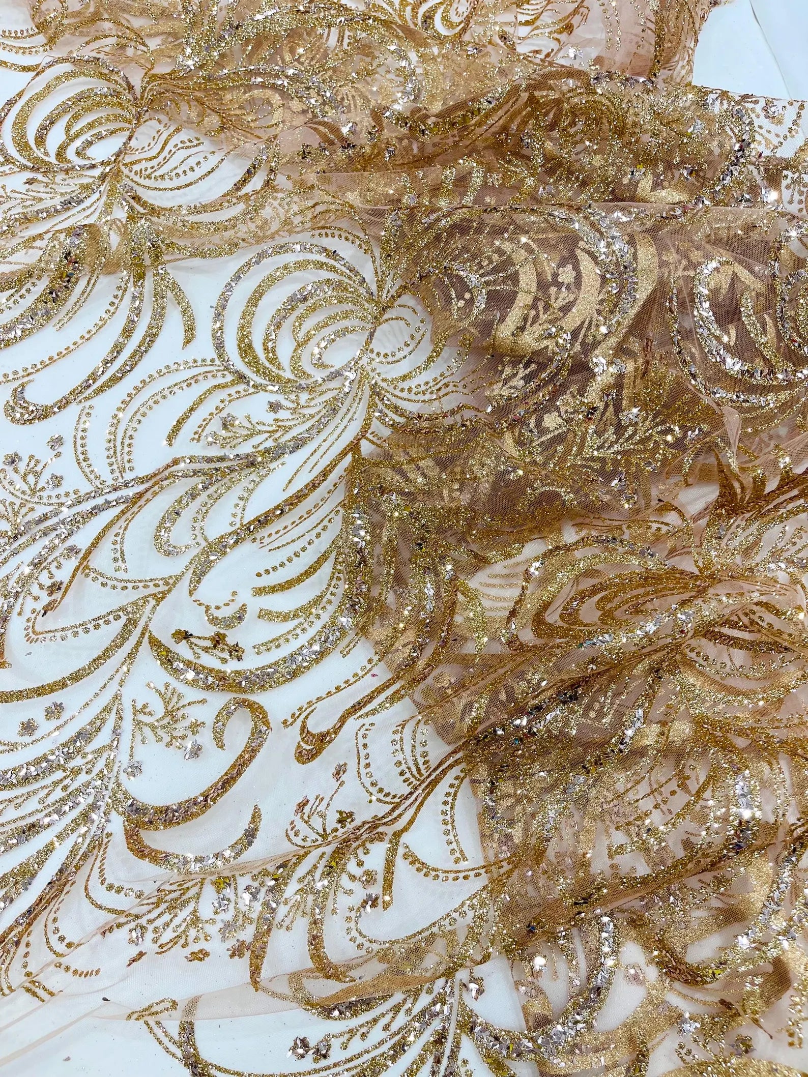 Palm Glitter Design On A Mesh Lace Fabric By The Yard. Rose Gold