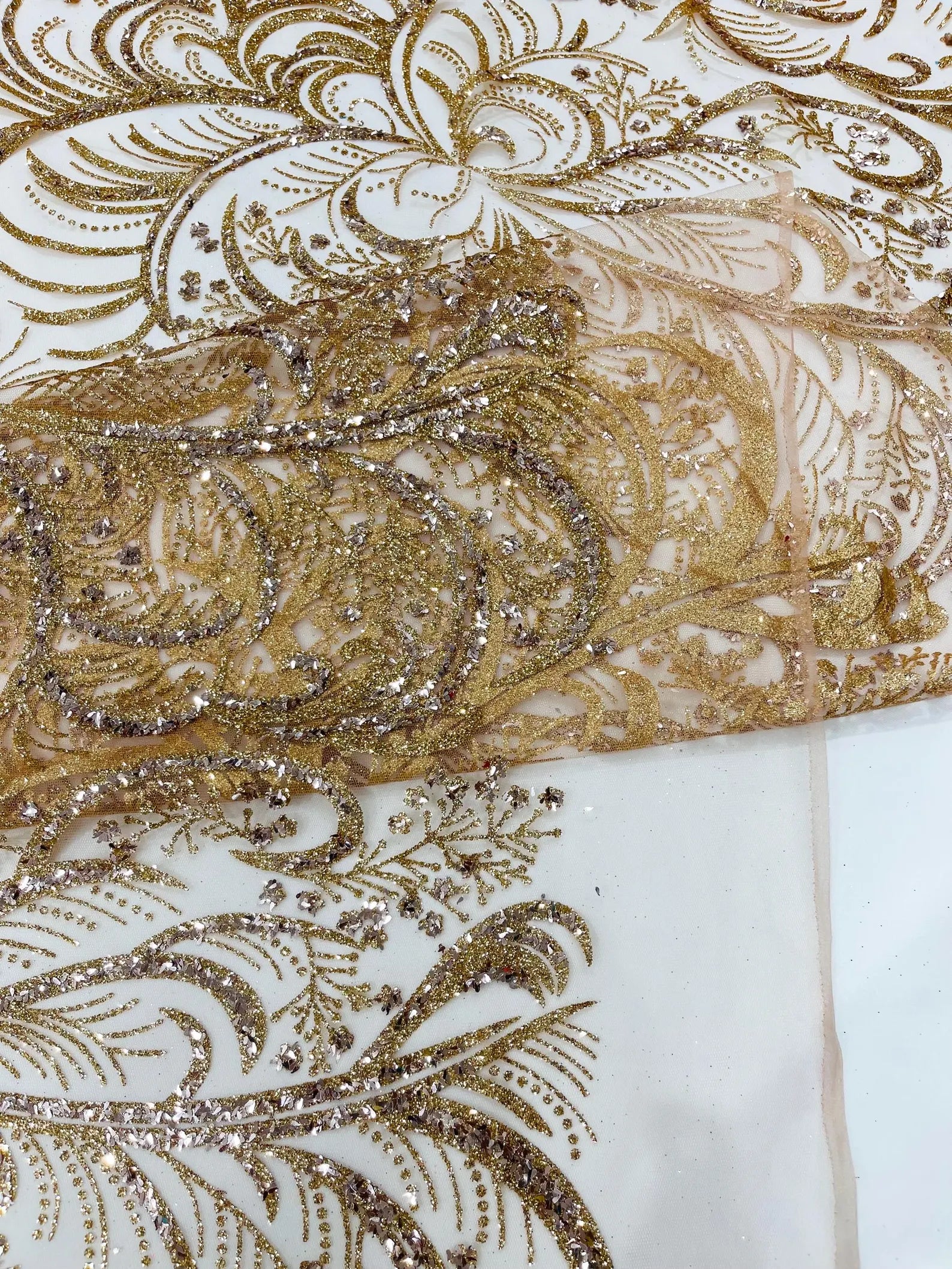 Palm Glitter Design On A Mesh Lace Fabric By The Yard. Rose Gold