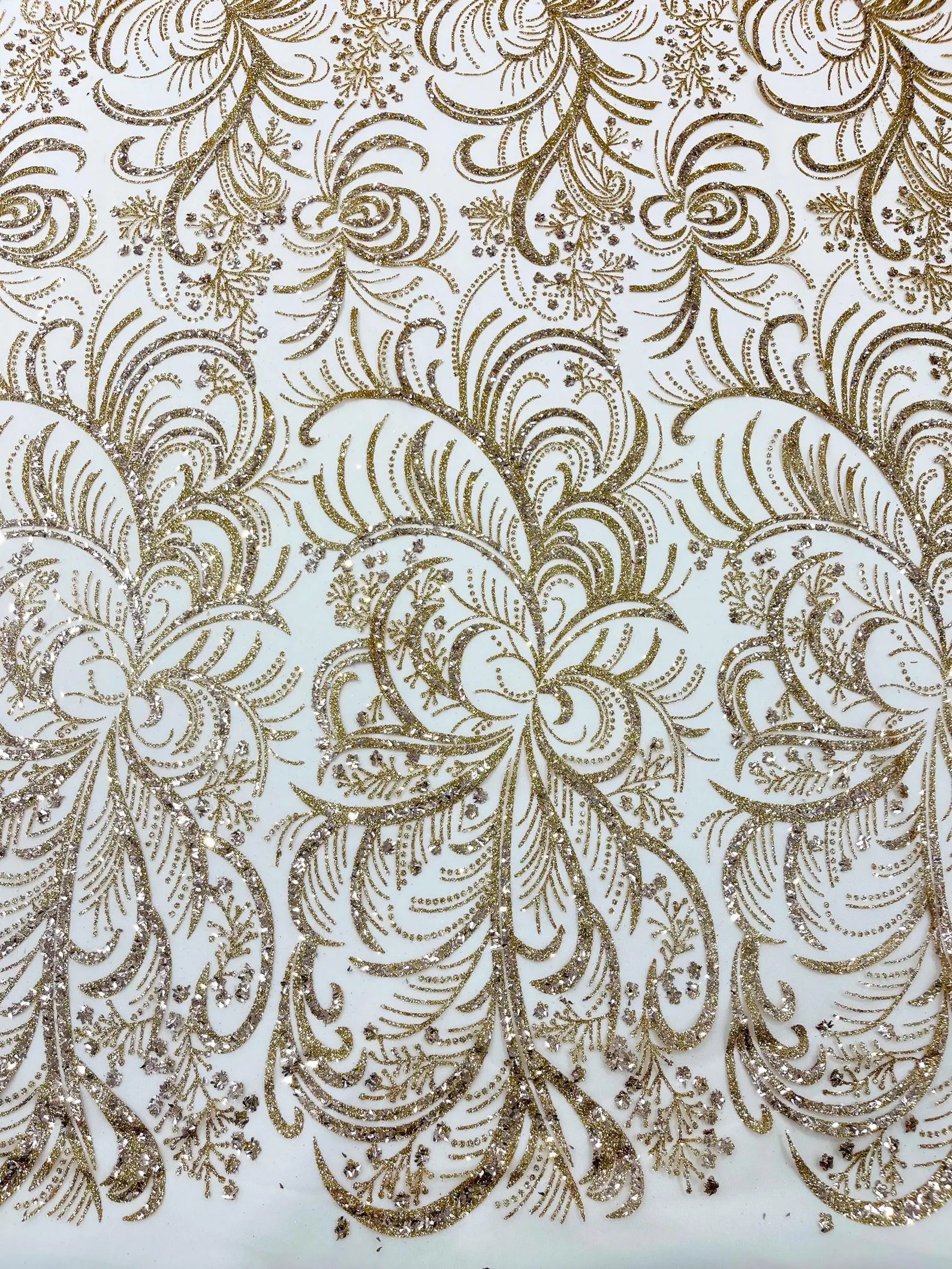 Palm Glitter Design On A Mesh Lace Fabric By The Yard. Rose Gold