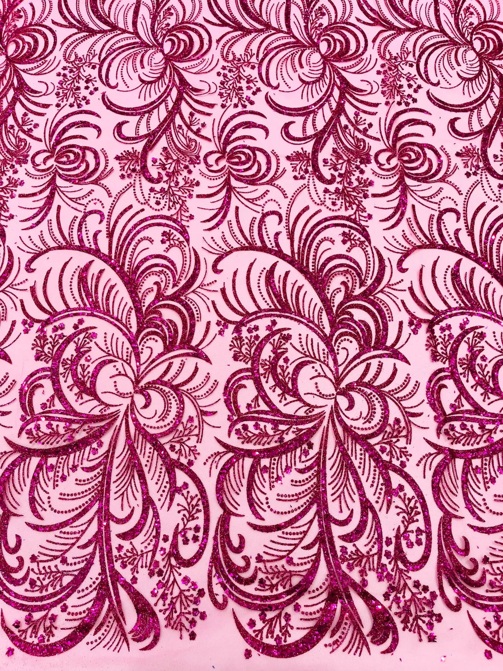 Palm Glitter Design On A Mesh Lace Fabric By The Yard. Fuchsia