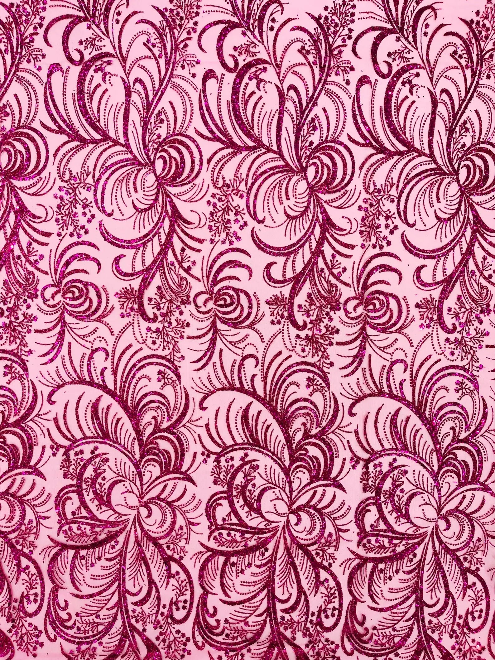 Palm Glitter Design On A Mesh Lace Fabric By The Yard. Fuchsia