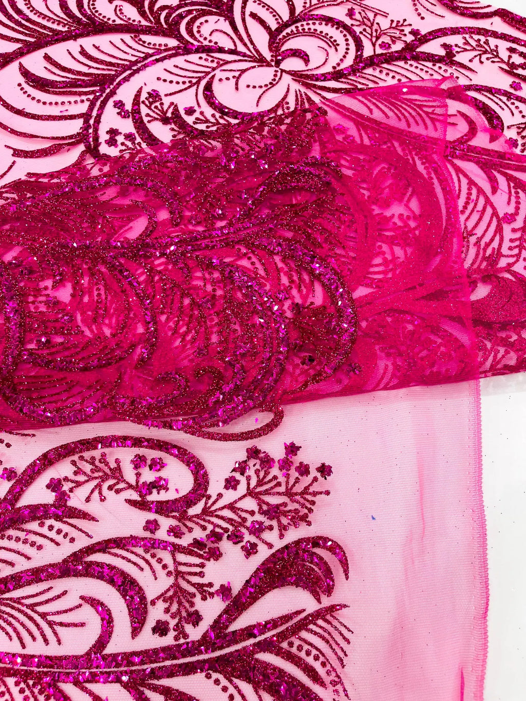 Palm Glitter Design On A Mesh Lace Fabric By The Yard. Fuchsia
