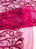 Palm Glitter Design On A Mesh Lace Fabric By The Yard. Fuchsia