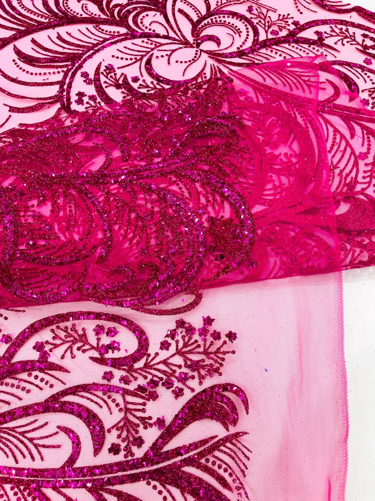 Palm Glitter Design On A Mesh Lace Fabric By The Yard. Fuchsia