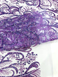 Palm Glitter Design On A Mesh Lace Fabric By The Yard. Lilac
