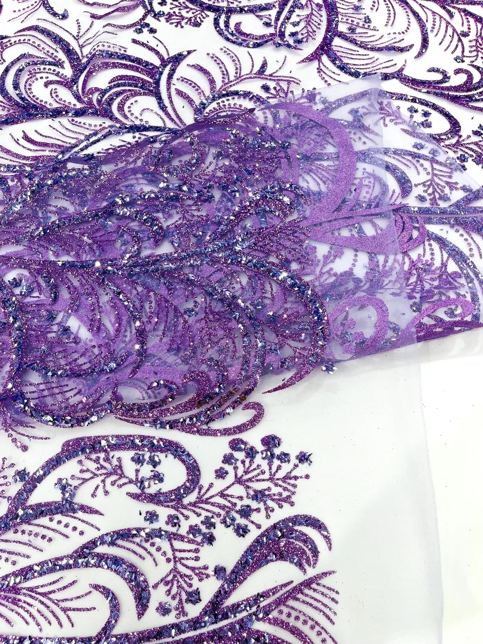 Palm Glitter Design On A Mesh Lace Fabric By The Yard. Lilac