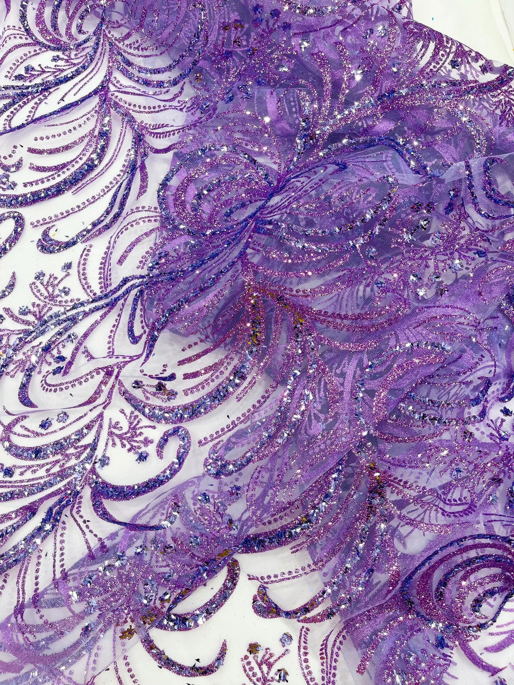 Palm Glitter Design On A Mesh Lace Fabric By The Yard. Lilac