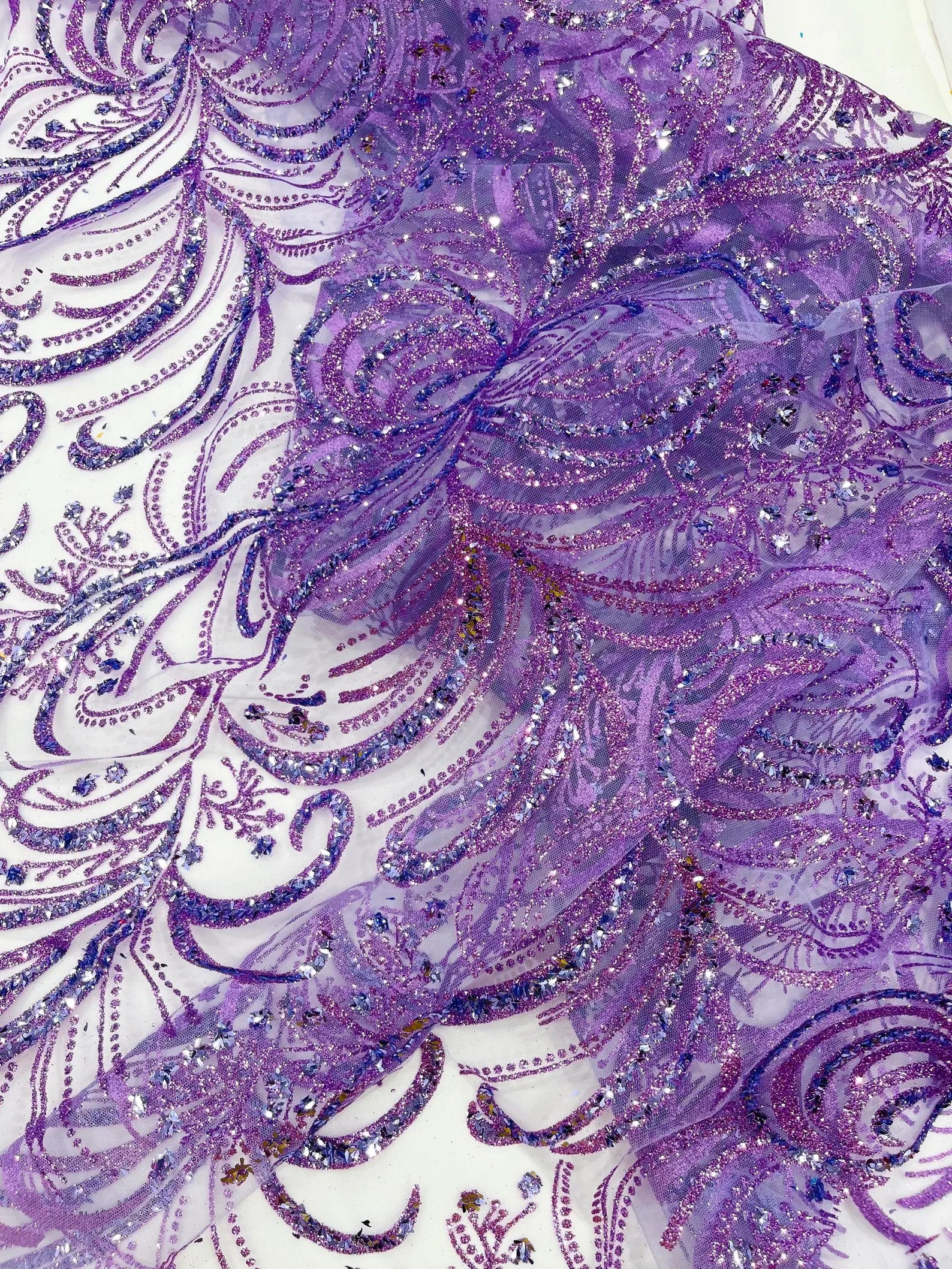 Palm Glitter Design On A Mesh Lace Fabric By The Yard. Lilac