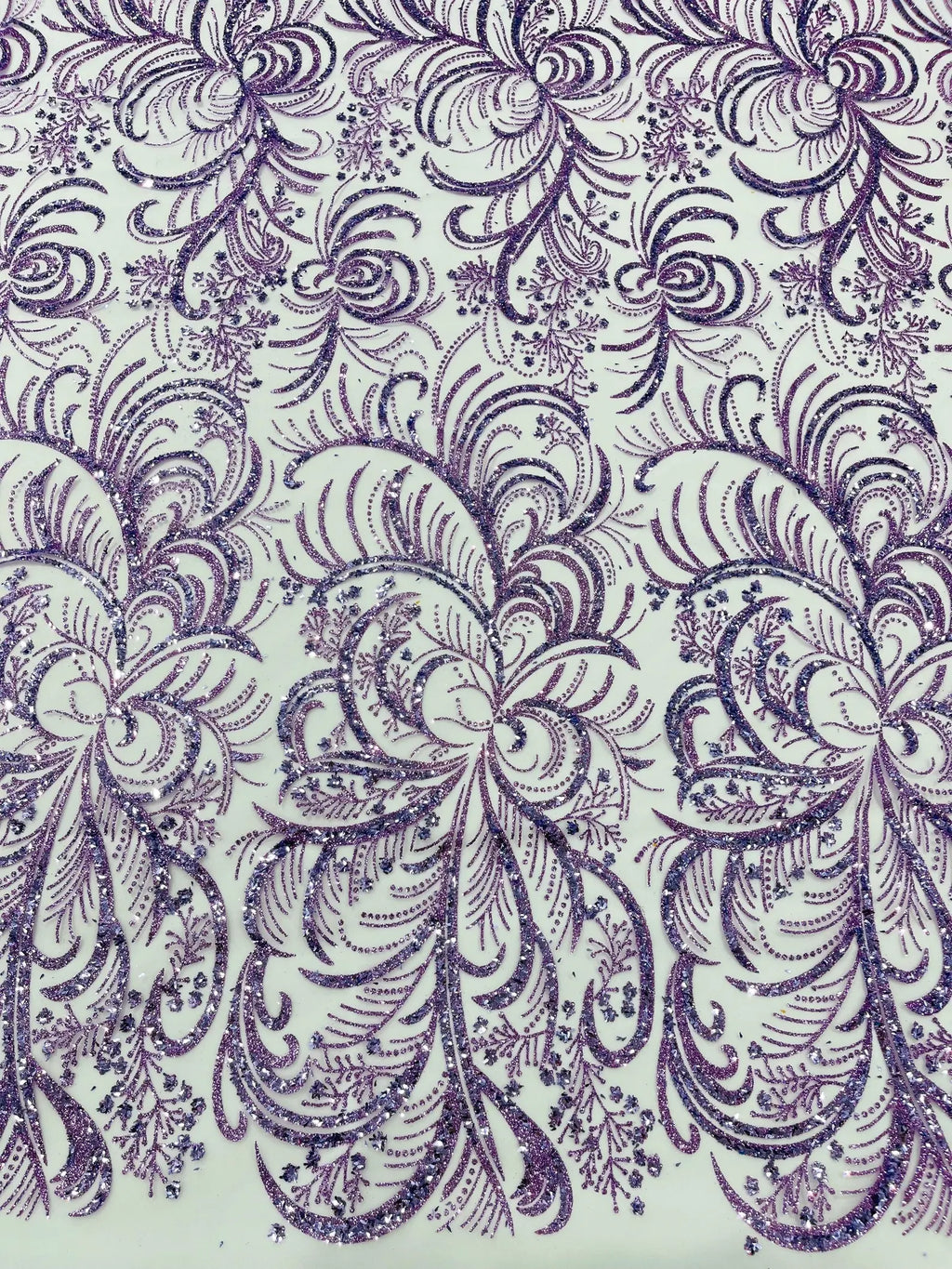 Palm Glitter Design On A Mesh Lace Fabric By The Yard. Lilac