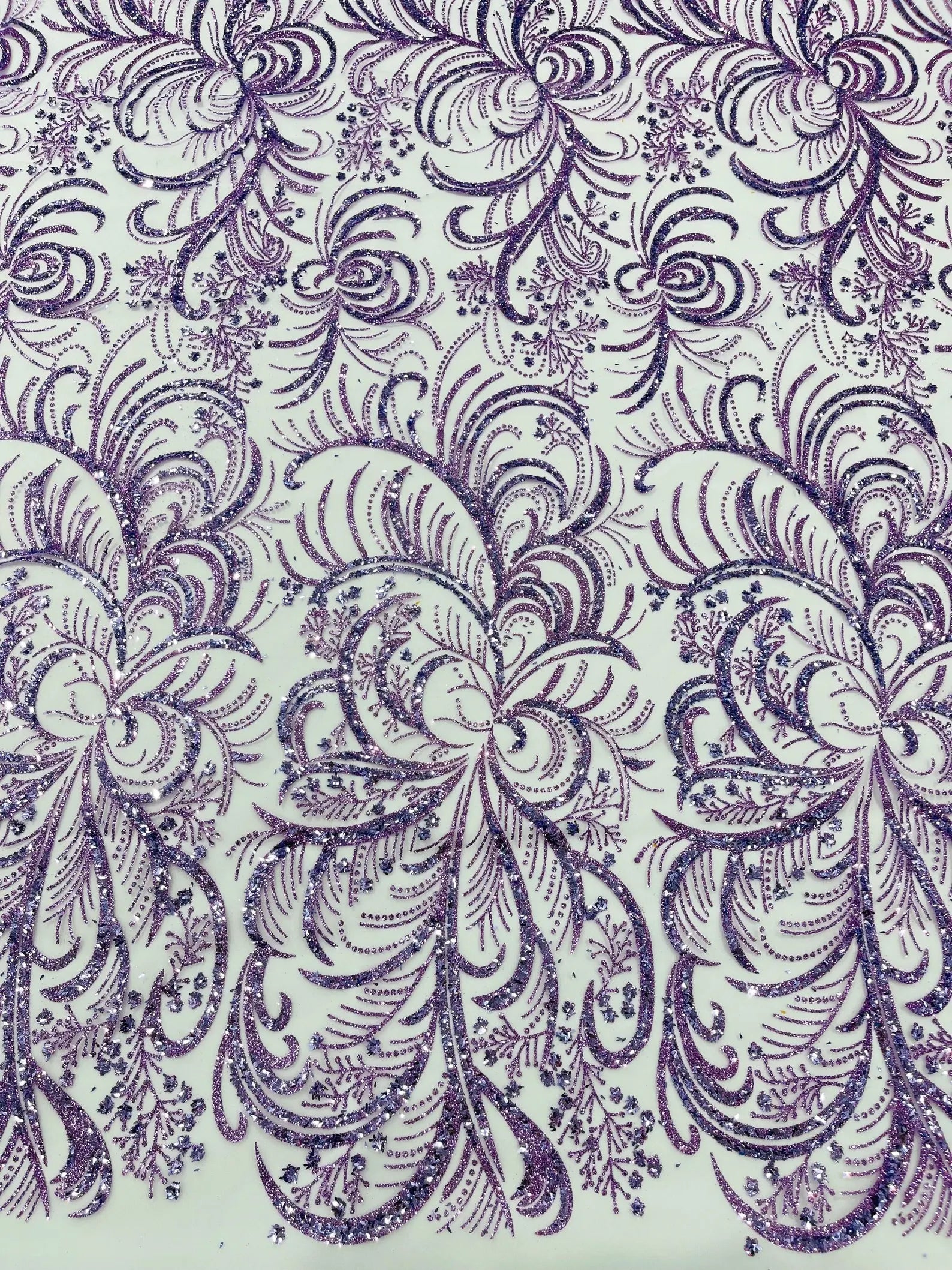 Palm Glitter Design On A Mesh Lace Fabric By The Yard. Lilac