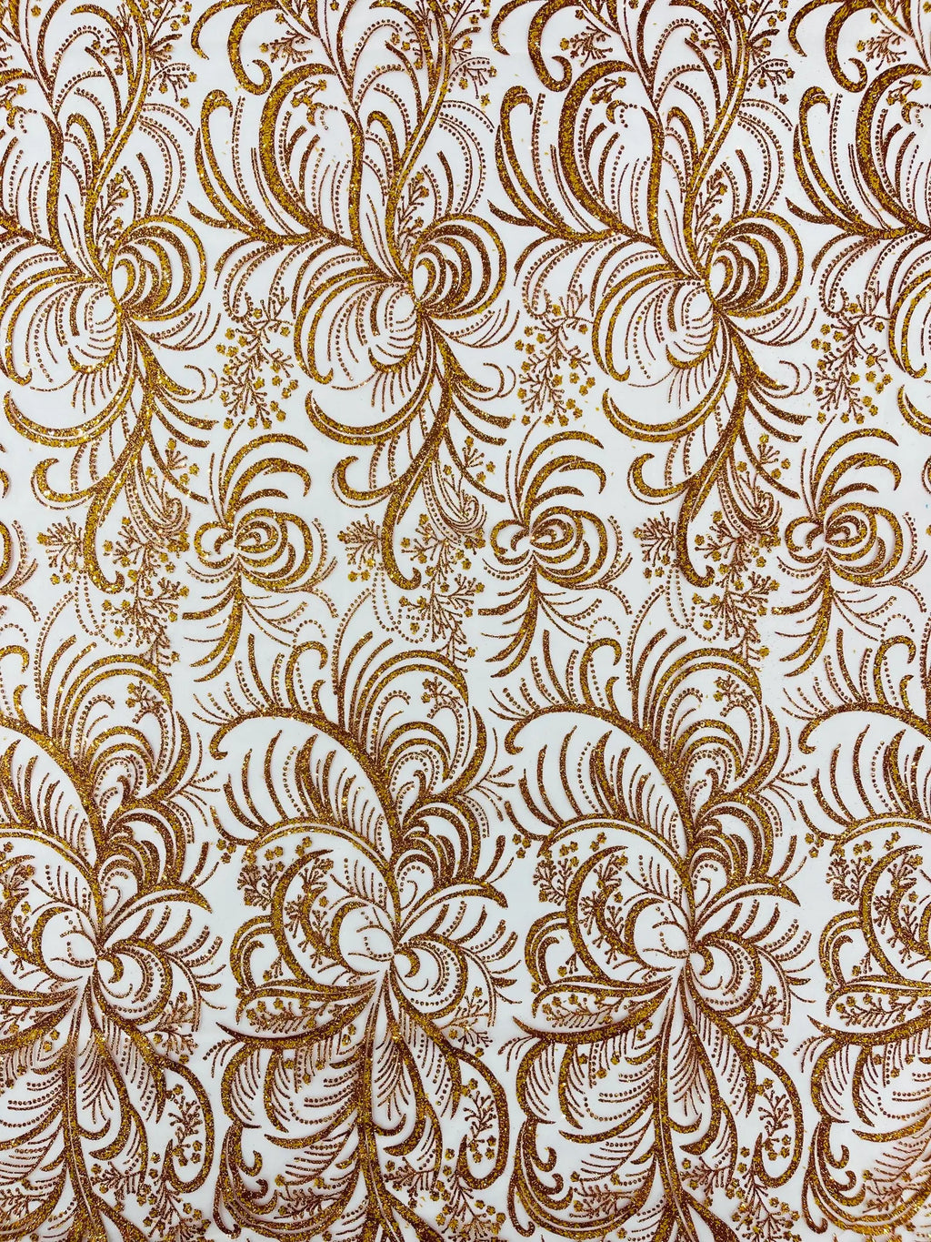 Palm Glitter Design On A Mesh Lace Fabric By The Yard. Orange
