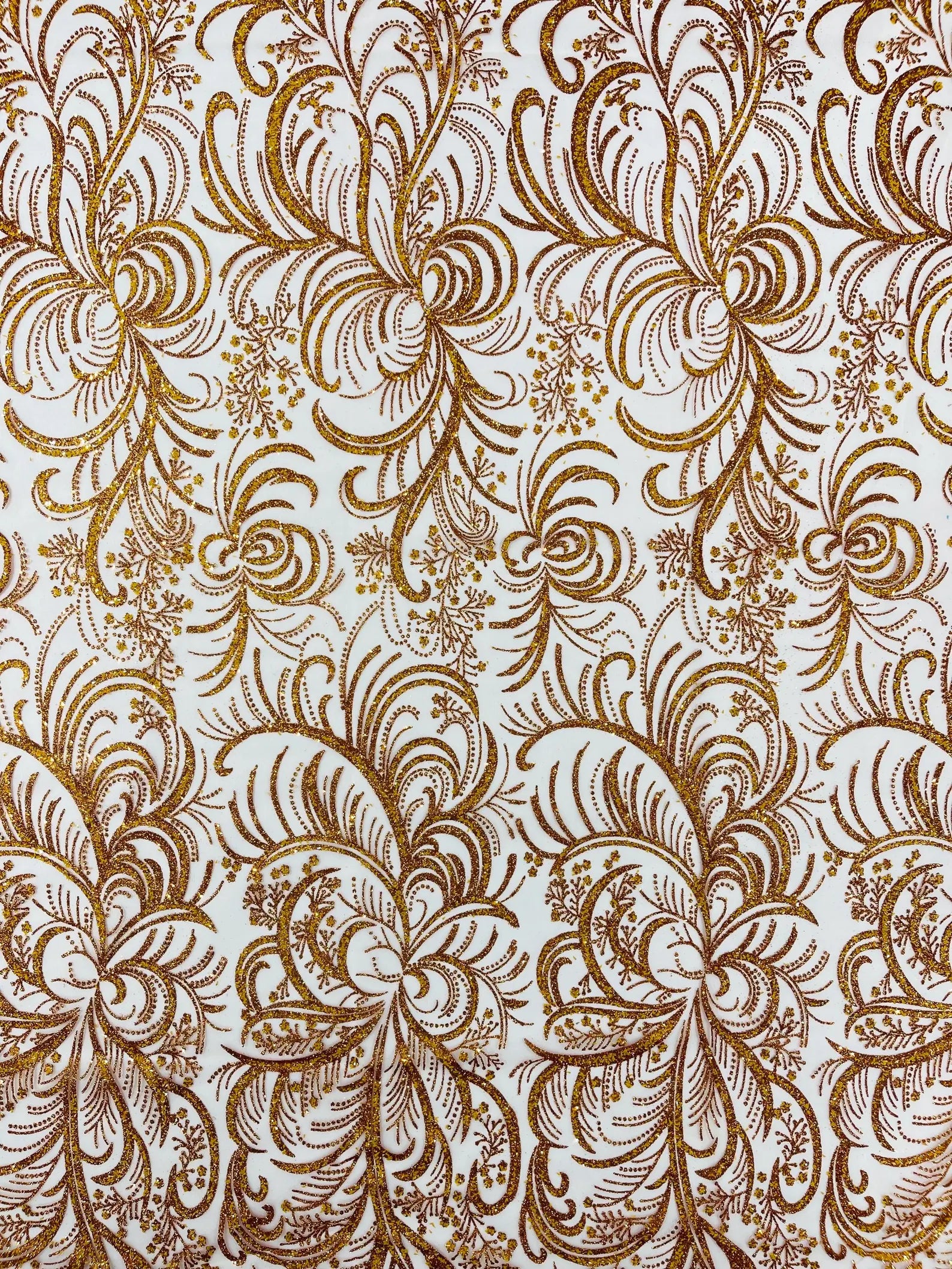 Palm Glitter Design On A Mesh Lace Fabric By The Yard. Orange