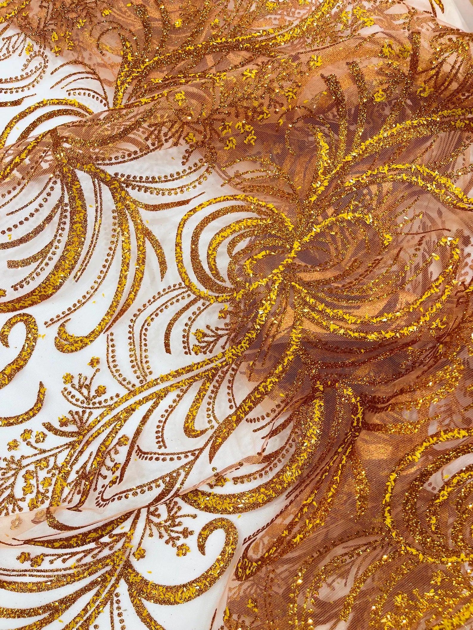 Palm Glitter Design On A Mesh Lace Fabric By The Yard. Orange