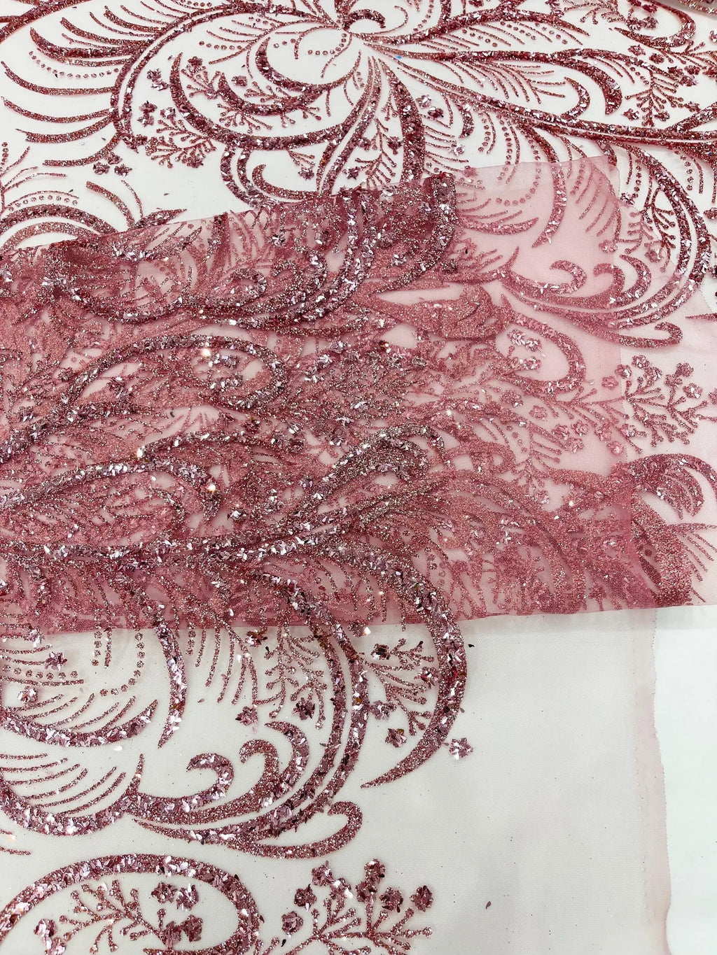 Palm Glitter Design On A Mesh Lace Fabric By The Yard. Dusty Pink