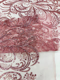 Palm Glitter Design On A Mesh Lace Fabric By The Yard. Dusty Pink