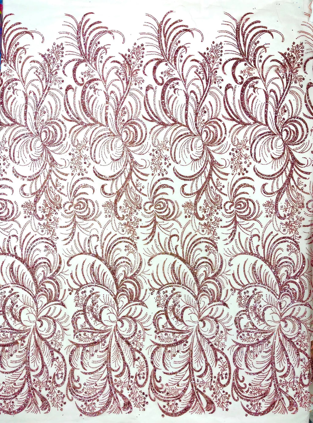 Palm Glitter Design On A Mesh Lace Fabric By The Yard. Dusty Pink